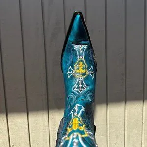 #7 - Turquoise Blue Western Leather Boot with Chinela Details, Style Model 5001 Carreta | Shoes | 7 Turquoise Blue Western Leather Boot With  main image 3